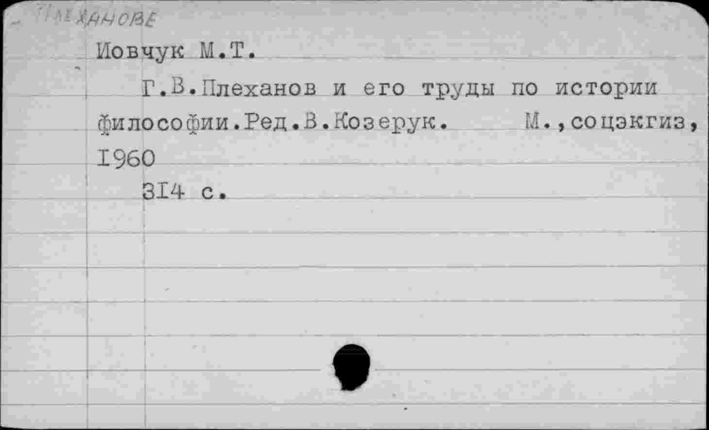 ﻿А>- *№()&£
Иовчук М.Т.
Г.В«Плеханов и его труды по истории философии.Ред.В.Козерук. М.,соцэкгиз 1960 314 с.